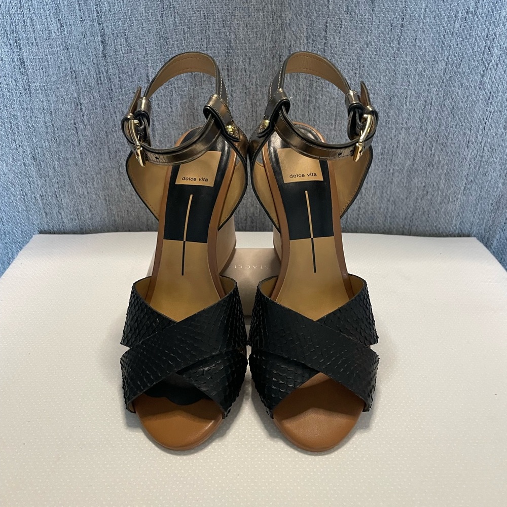 Dolce Vita BLK & BRONZE Wedges w/ adjustable buckle ankle straps size 7.5
